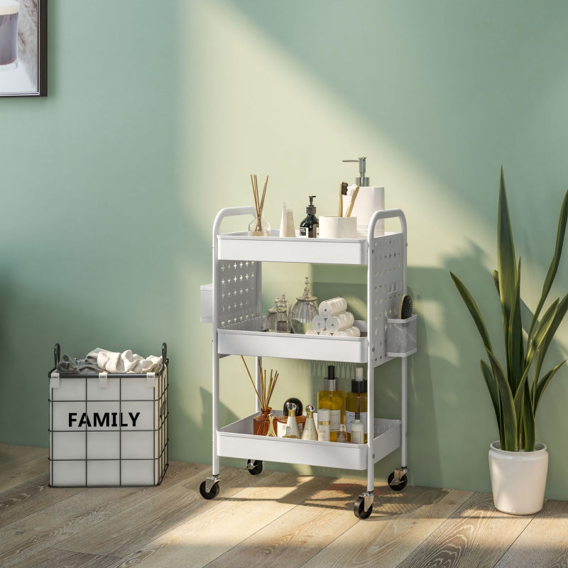 White 3-Tier Rolling Storage Trolley with Baskets and Hooks