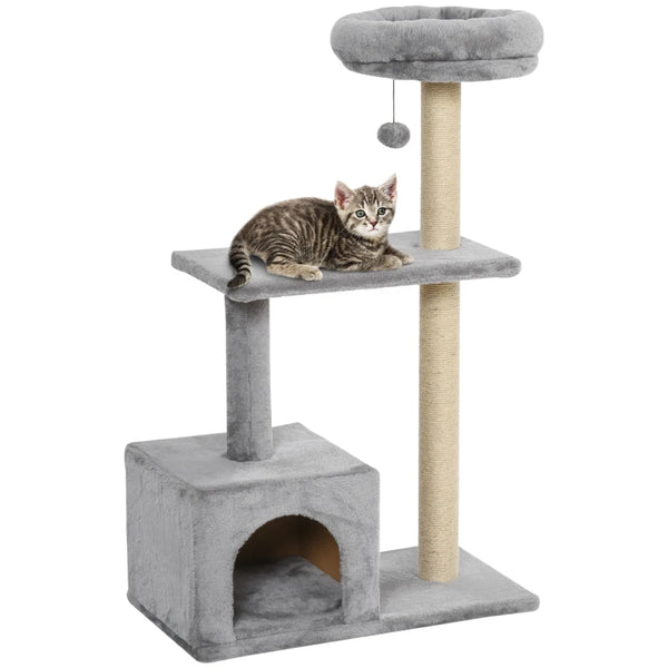 Grey Cat Tree Condo with Scratching Post and Dangling Ball