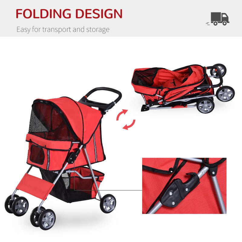 Red Pet Stroller for Small Pets - Foldable Travel Carriage with Wheels