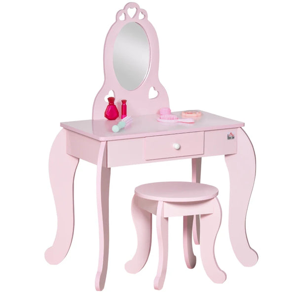 Kids Pink Vanity Table & Stool Set with Mirror - Dressing Play Desk