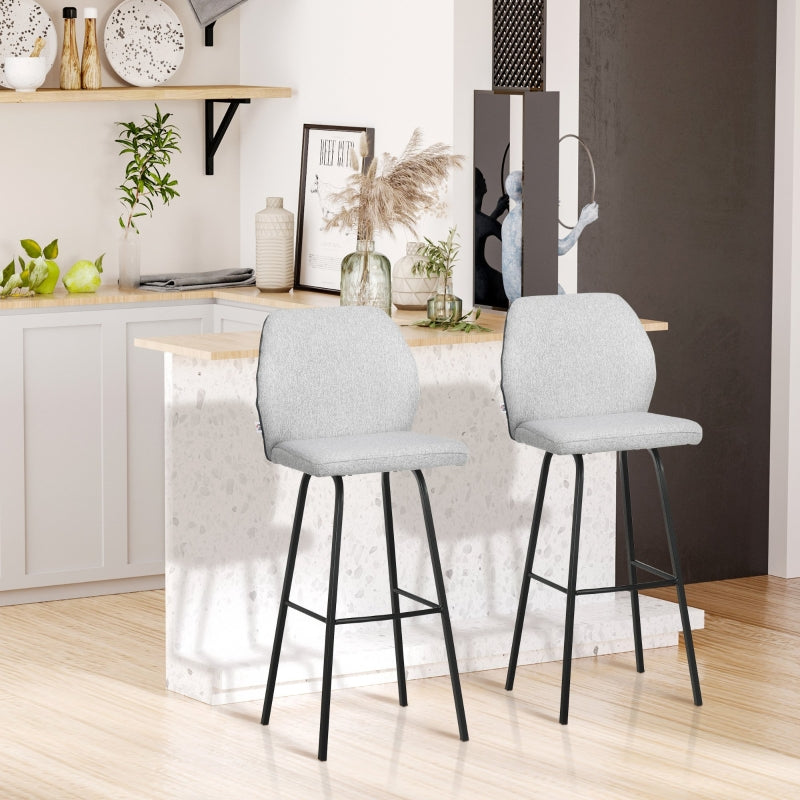 Light Grey Upholstered Bar Stools Set of 2 with Backs and Steel Legs