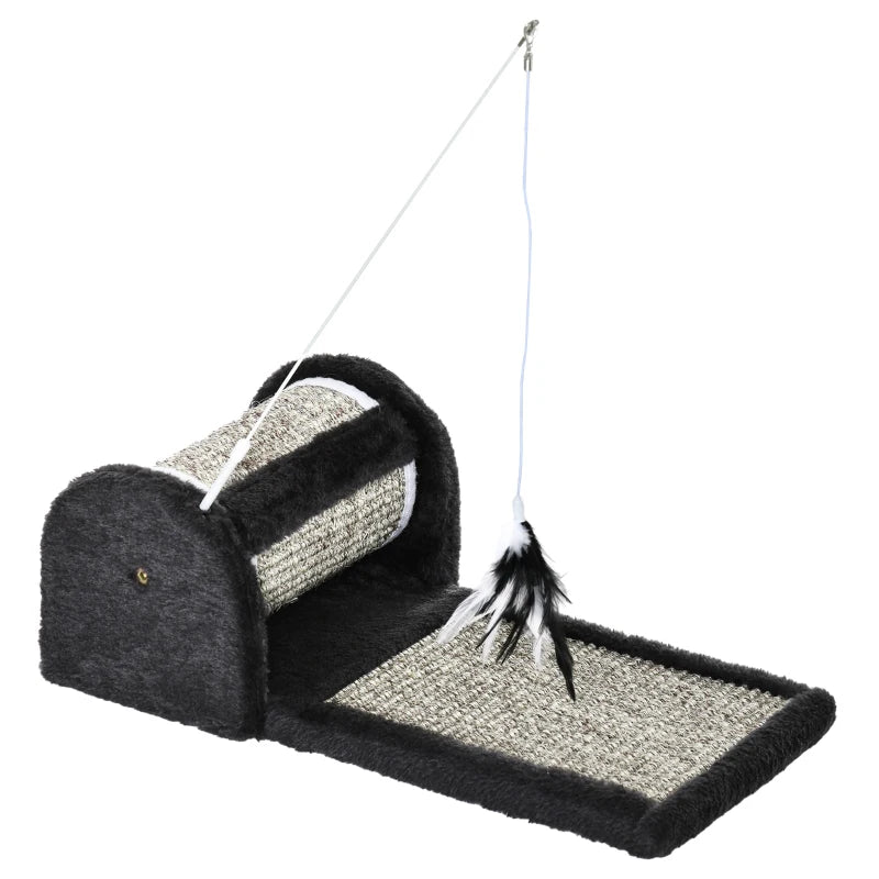 Grey Cat Scratcher Board with Roller and Feather Toy, 44 x 24 x 16 cm