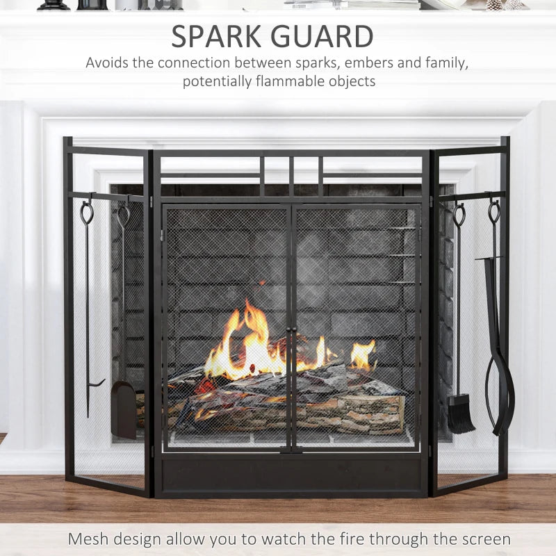 Black 3-Panel Fireplace Screen Set with Tools, Steel Mesh Guard & Double Door, 122x80 cm