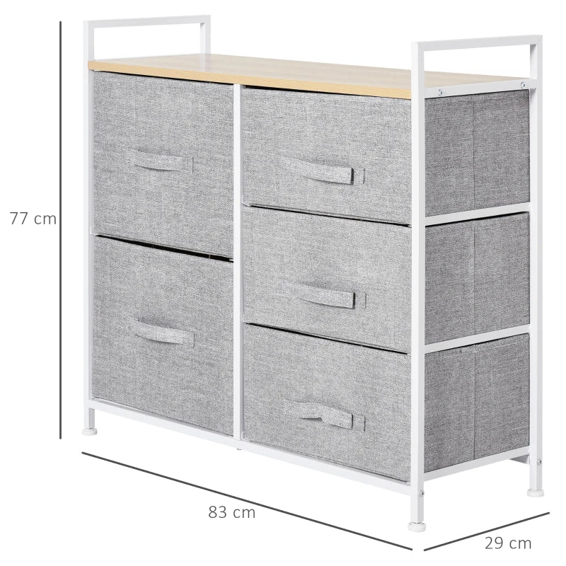 Grey 5-Drawer Linen Basket Storage Unit with Shelf - Metal Frame, Adjustable Feet