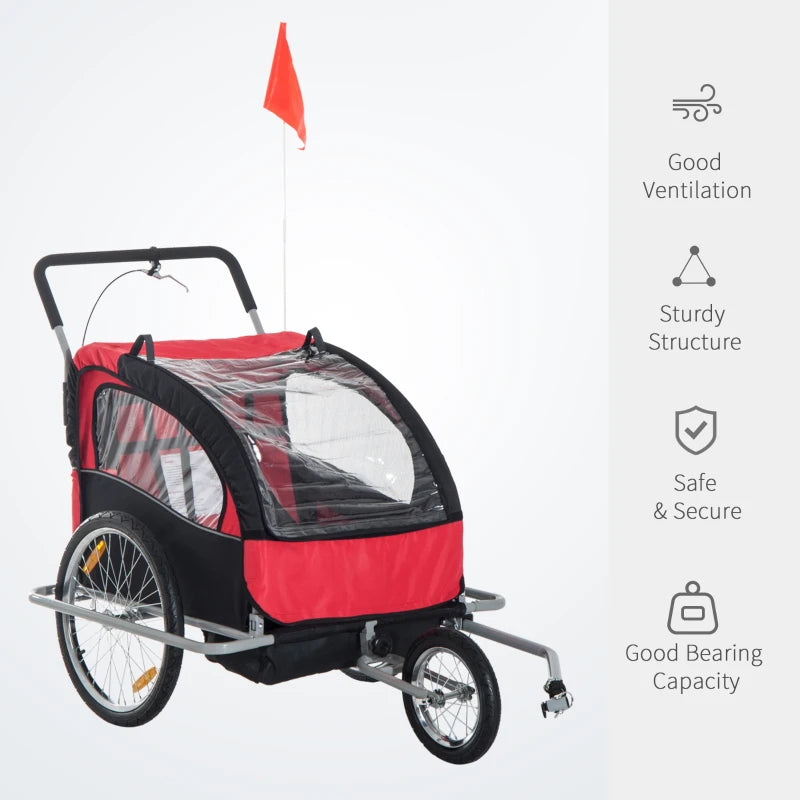 Red 2-Seater Collapsible Bike Trailer & Child Stroller with Pivot Wheel