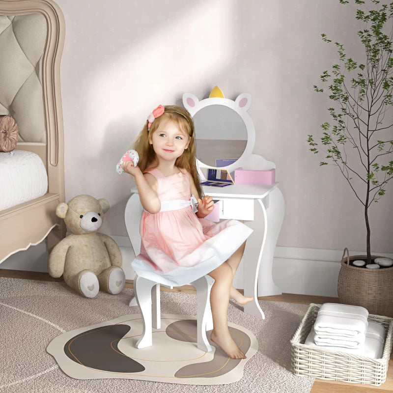 White Unicorn Kids Dressing Table Set with Mirror and Stool