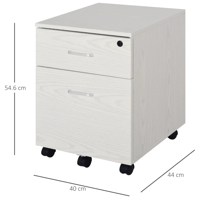 White Wood Grain 2-Drawer Locking Filing Cabinet with Wheels