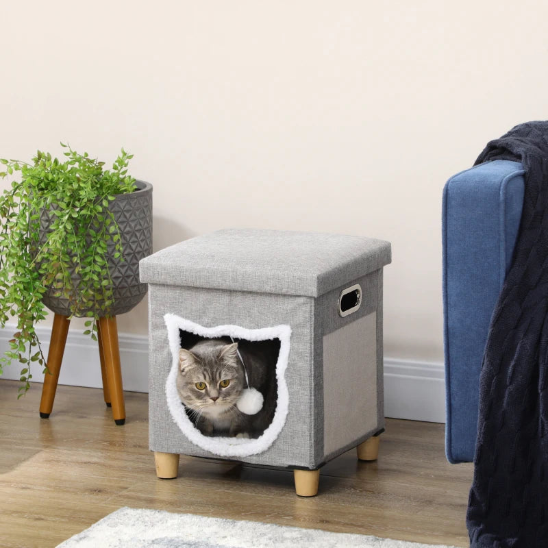 Grey Cat Bed Ottoman with Scratching Pad and Toy Ball