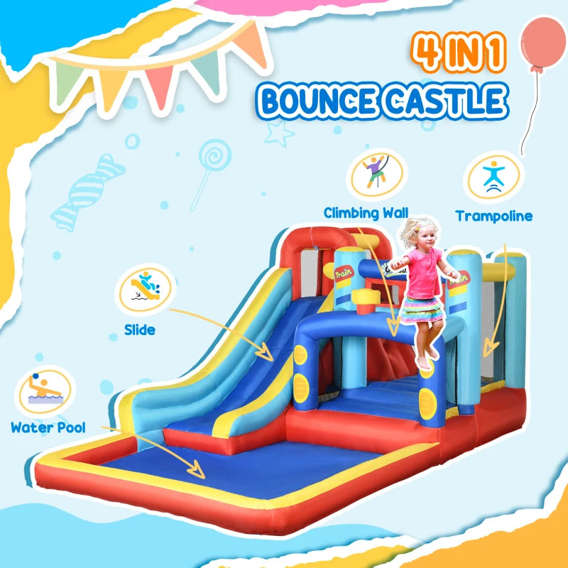 4-in-1 Multicoloured Bouncy Castle with Slide, Pool, Trampoline, Climbing Wall & Blower