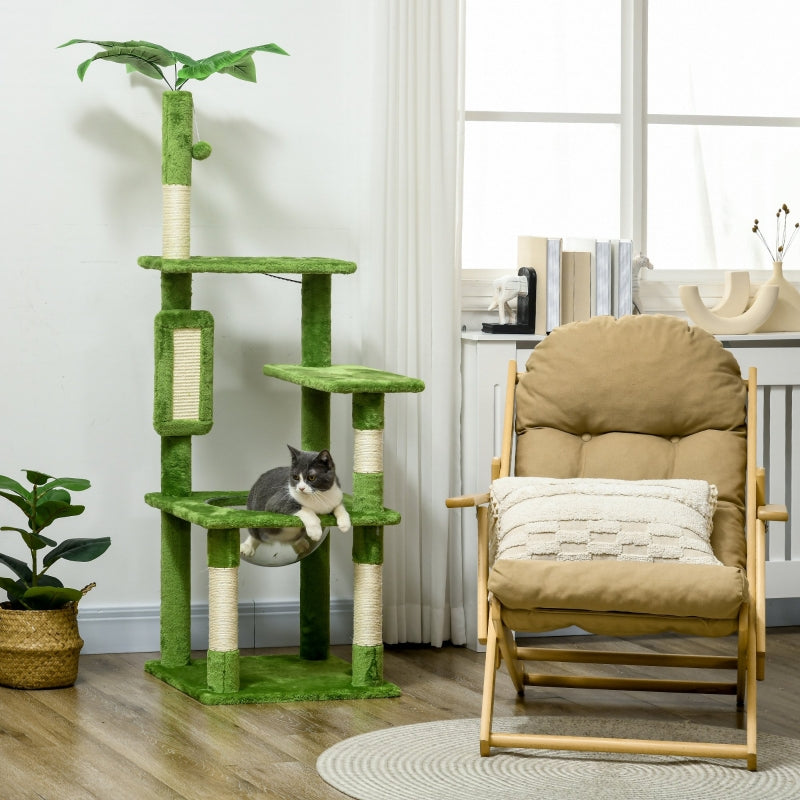 Green Cat Tree Tower with Scratching Post, Hammock, Toy Ball - 142cm