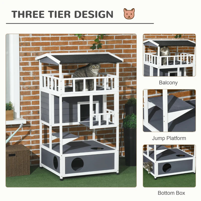 Grey Wooden 3-Tier Outdoor Cat House with Tilted Roof and Waterproof Paint