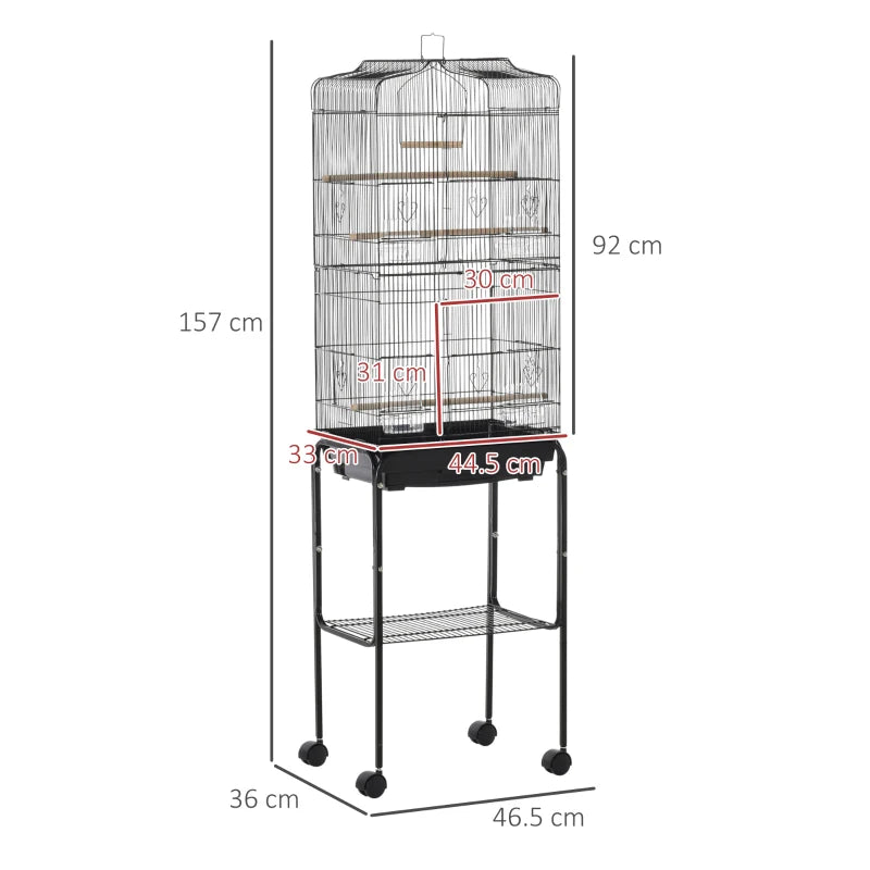 Black Bird Cage with Stand and Accessories, 46.5 x 36 x 157 cm