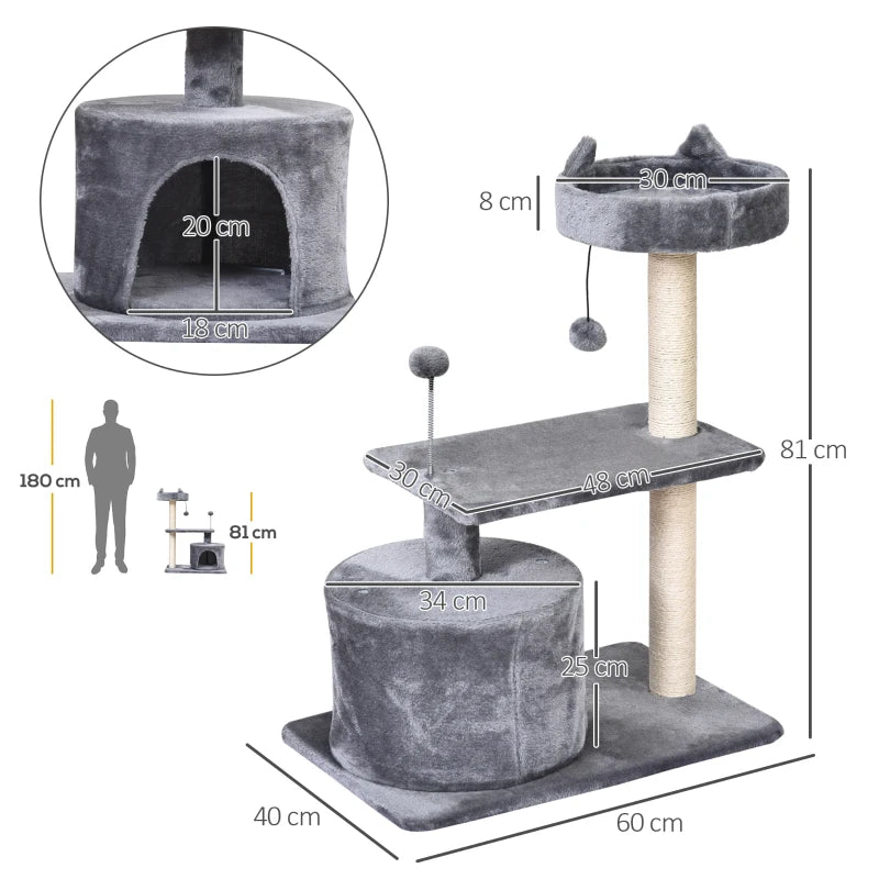 Grey Cat Tree Condo with Scratching Post and Perch, 60x40x81 cm