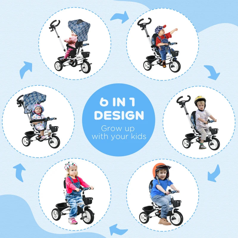 Light Blue 6-in-1 Baby Push Tricycle with Parent Handle, 1-5 Years