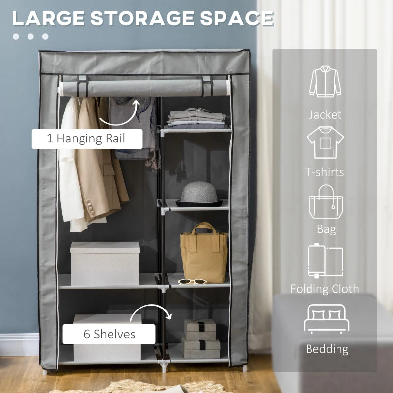 Light Grey Fabric Portable Wardrobe with 6 Shelves and Hanging Rail