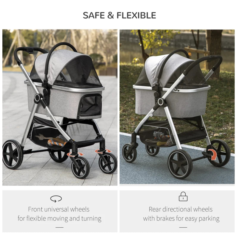 Foldable 3-in-1 Pet Stroller with Car Seat - Grey