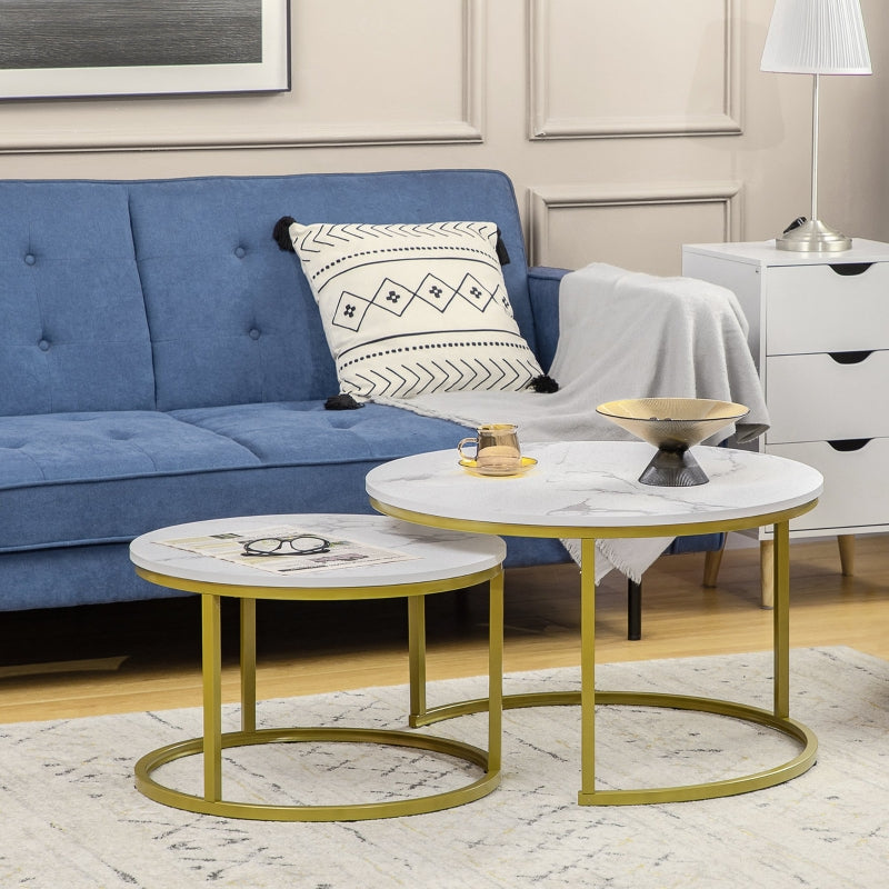 White Marble Nesting Side Tables Set, Modern Metal Frame, Living Room Furniture