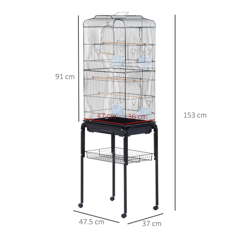 Black Metal Bird Cage with Removable Wheels Stand - 153cm