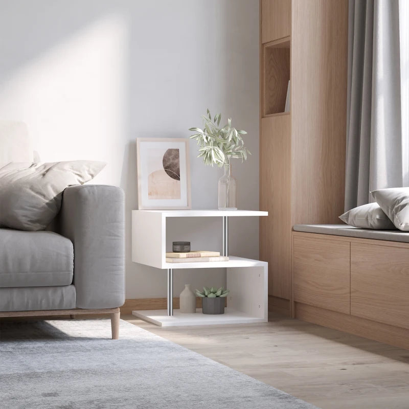 White Wooden S-Shaped Coffee Table with 2-Tier Storage Shelves