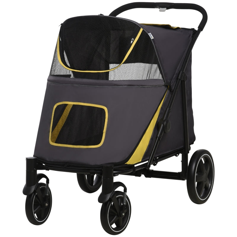 Grey Foldable Pet Stroller with Universal Wheels for Medium and Large Dogs