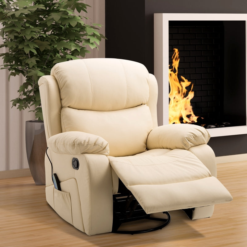 Beige PU Leather Massage Recliner with Swivel Base and Footrest