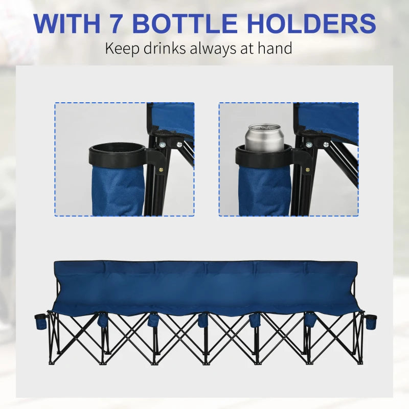 Blue 6-Seater Folding Outdoor Bench with Steel Frame and Cup Holder