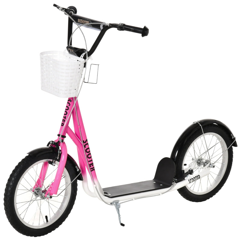 Pink Kids Scooter with Adjustable Handlebar, 2 Brakes, Basket, Cupholder, Mudguard, 16" Inflatable Tyres