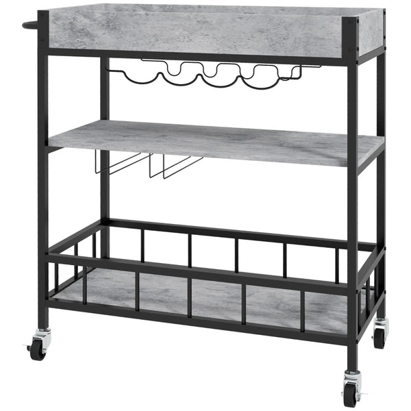 3-Tier Grey Kitchen Cart with Storage Shelves, Wine Racks, and Glass Holders
