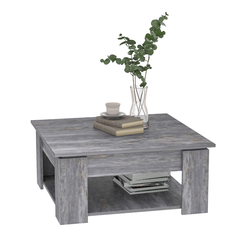 Grey Wood Grain 2-Tier Coffee Table with Bottom Storage Shelf