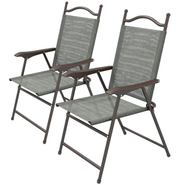 Dark Grey Folding Garden Chairs with Mesh Seats - Set of 2