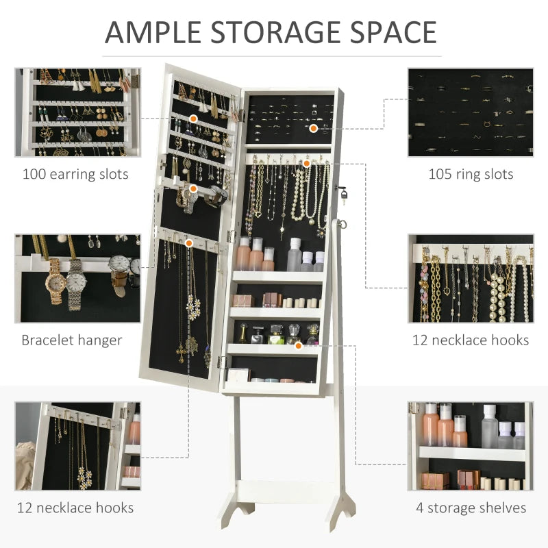 White Full Length Mirror Jewellery Cabinet with Storage and Lock