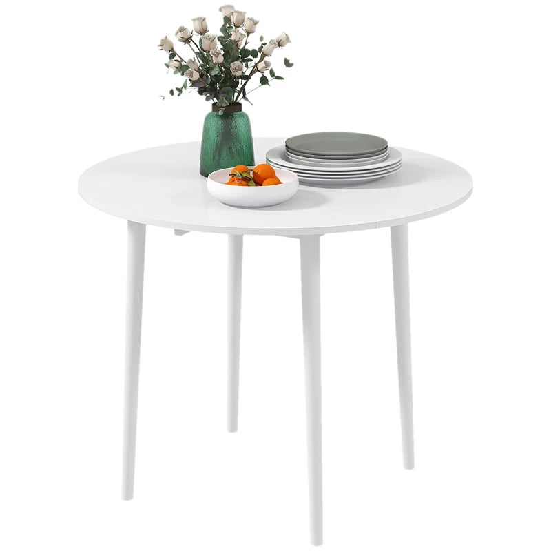 White Round Drop Leaf Dining Table for 4, Modern Space Saving Kitchen Table