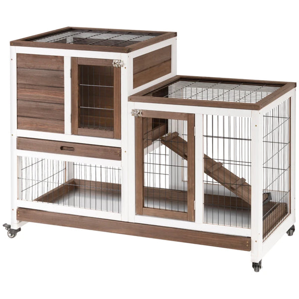 Brown Two-Tier Rabbit Hutch with Wheels