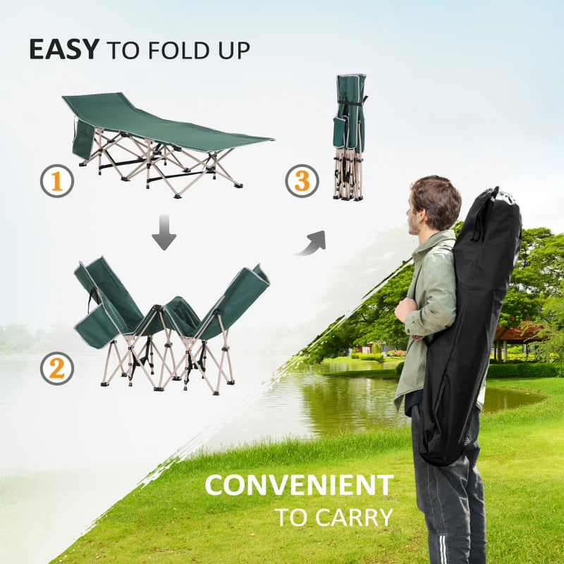 Green Portable Folding Camping Cot with Side Pocket and Carry Bag