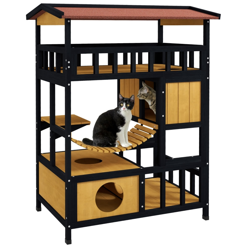 Wooden Cat House with Bridge & Balcony - 4-Tier Outdoor Design