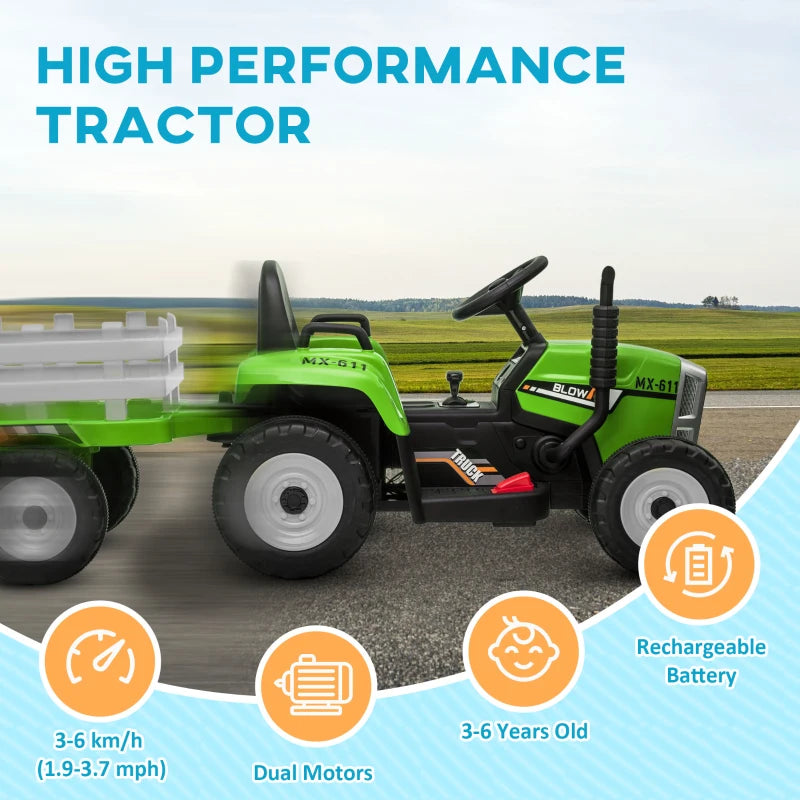 Green Electric Ride-On Tractor with Trailer & Remote Control