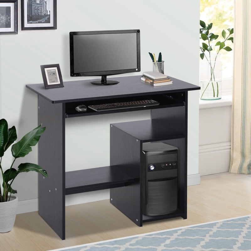 Black Compact Corner Computer Desk with Keyboard Tray and Storage Shelf