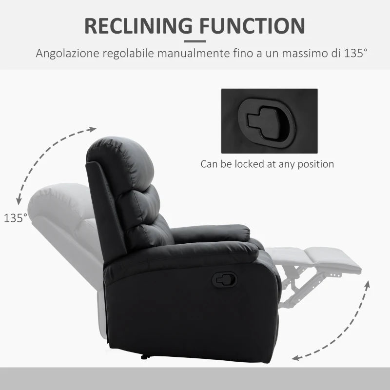 Black PU Leather Reclining Chair with Padded Armrests and Retractable Footrest