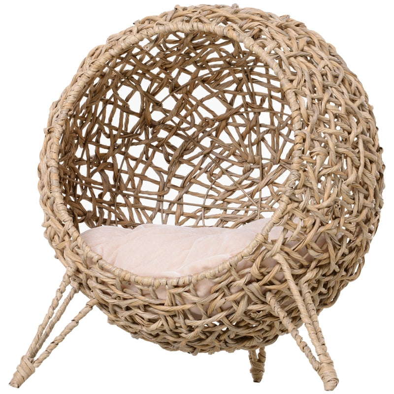 Rattan Cat Bed with Tripod Legs & Cushion - Natural Wood