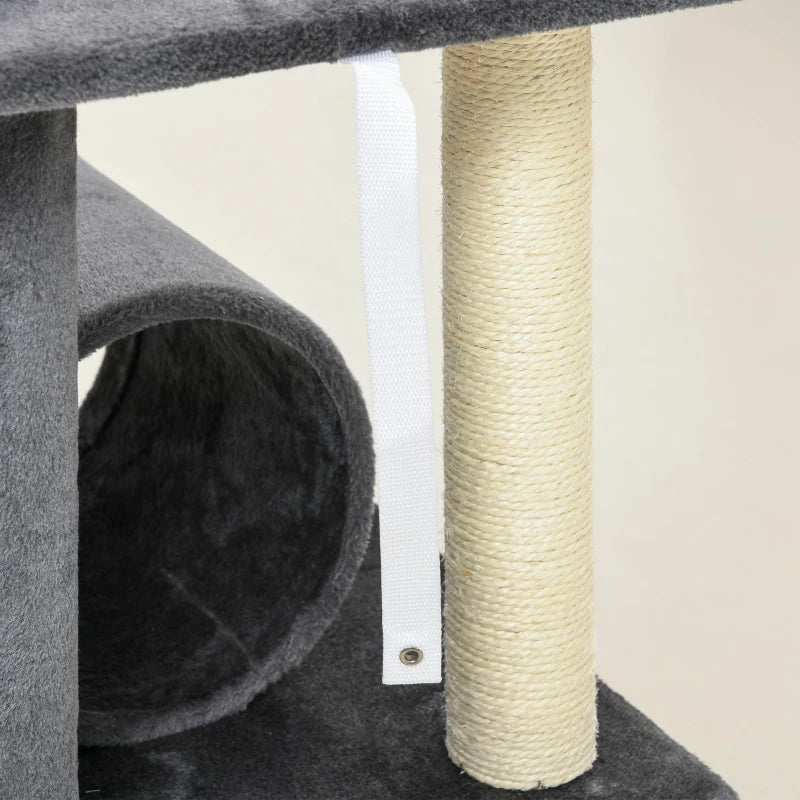 Grey Cat Tree Tower with Scratching Post and Interactive Toys