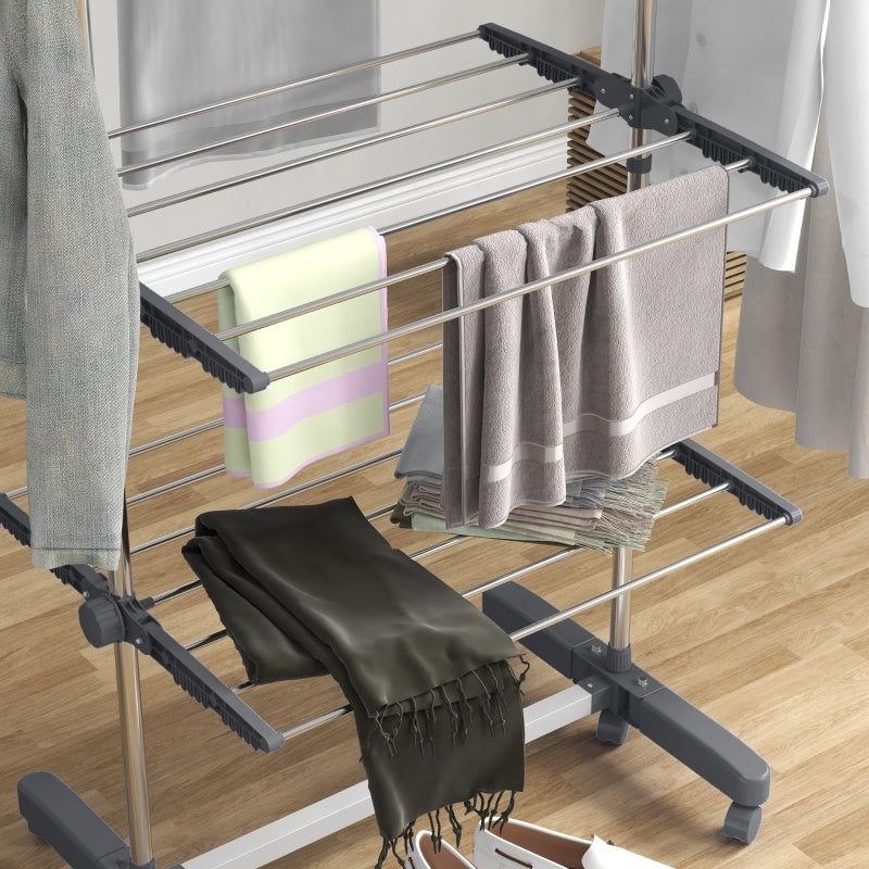 Grey 4-Shelf Folding Clothes Drying Rack with Side Arms and Wheels