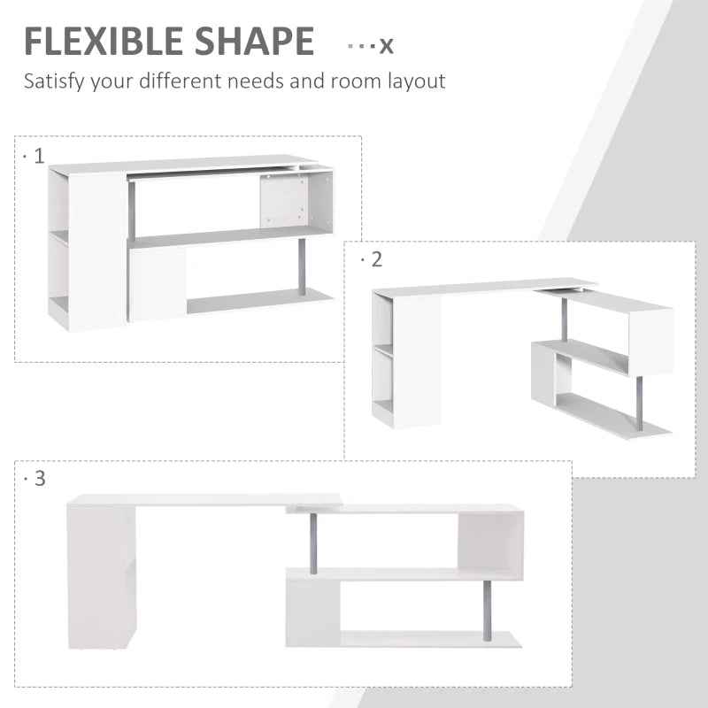 White L-Shaped Rotating Corner Desk with Storage Shelf - Home Office Workstation