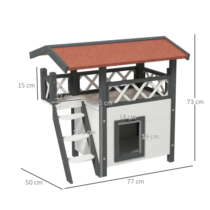 White Outdoor Cat House with Balcony and Stairs, 77 x 50 x 73 cm