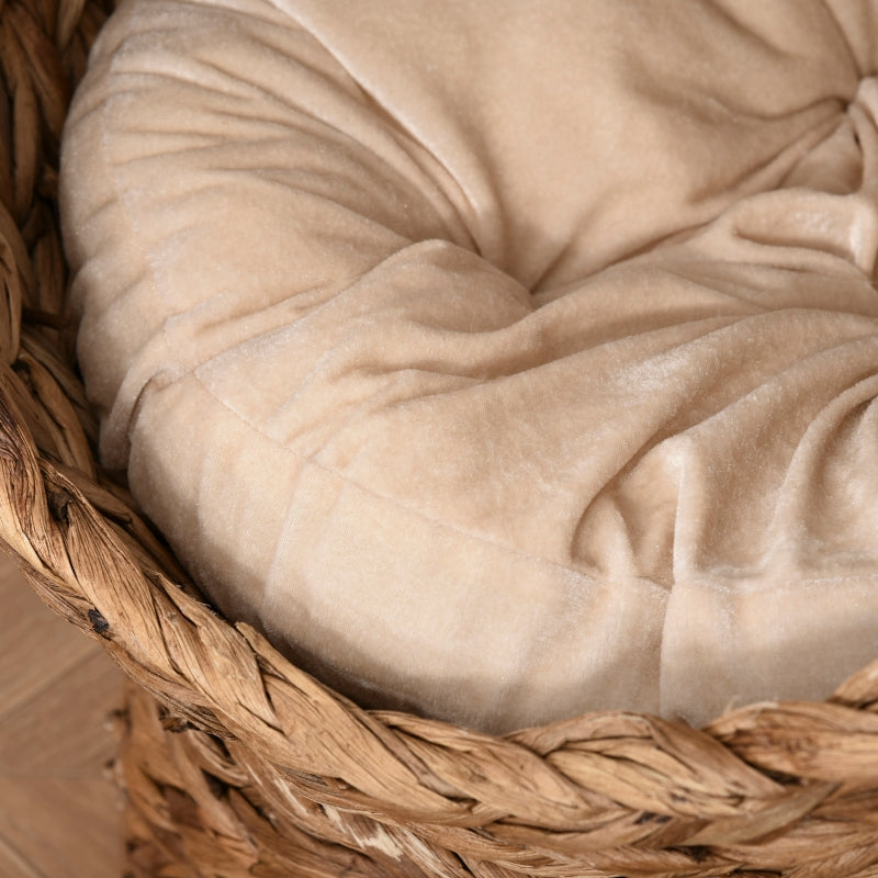 Brown Wicker Cat Bed with Raised Rattan Basket & Washable Cushion