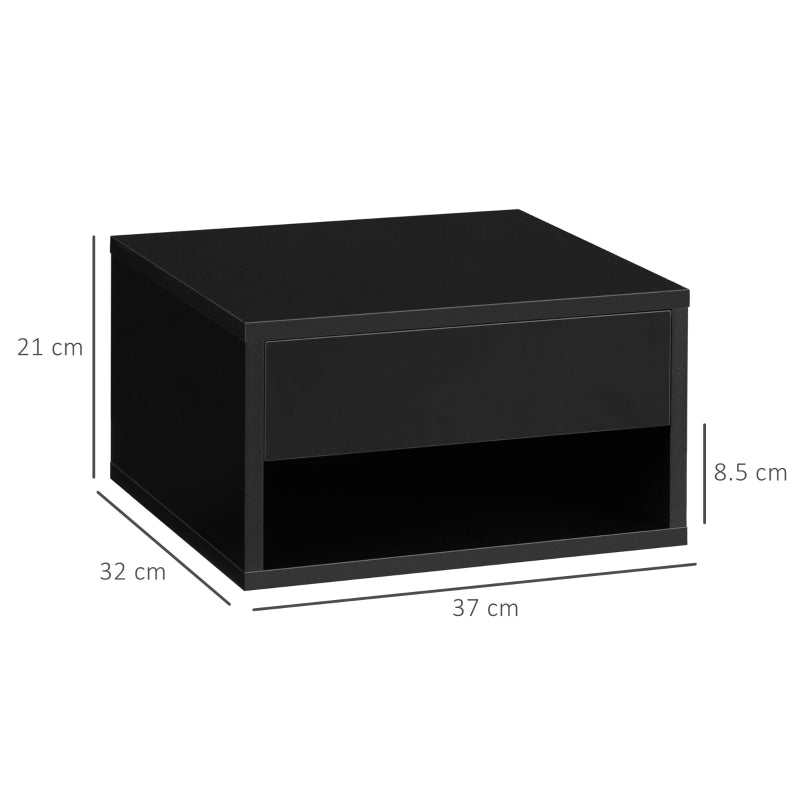 Black Wall Mounted Bedside Table with Drawer and Shelf, 37 x 32 x 21cm