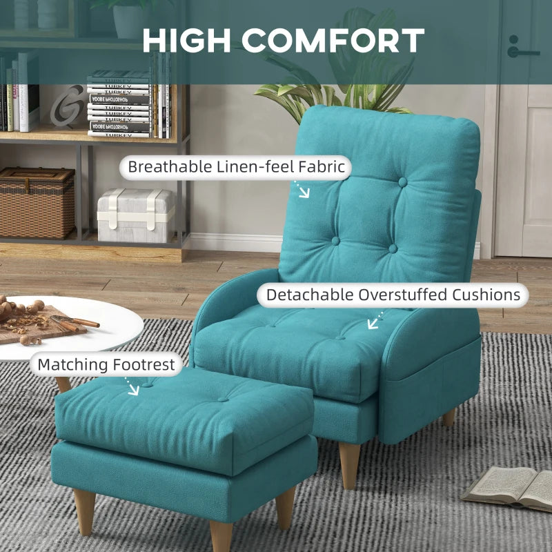 Blue Upholstered Recliner Armchair Set with Footstool - Modern Button Tufted Accent Chair