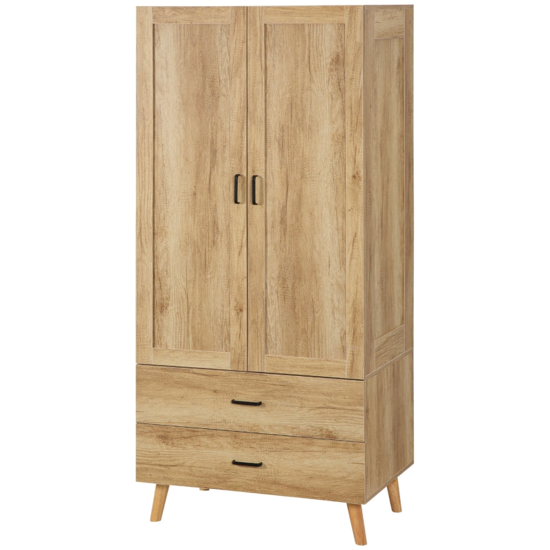 Natural 2-Door Wardrobe with Drawers and Hanging Rail for Bedroom