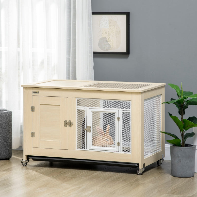 Oak Tone Rabbit Hutch with Wheels & Openable Roof