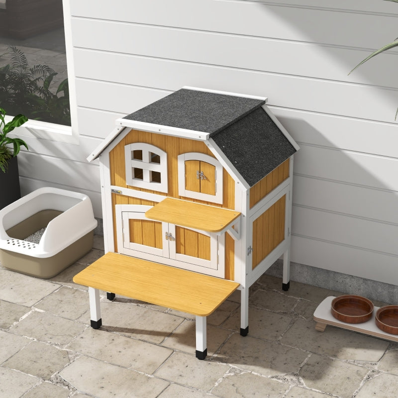 Wooden 2-Tier Outdoor Cat Shelter with Asphalt Roof - Grey