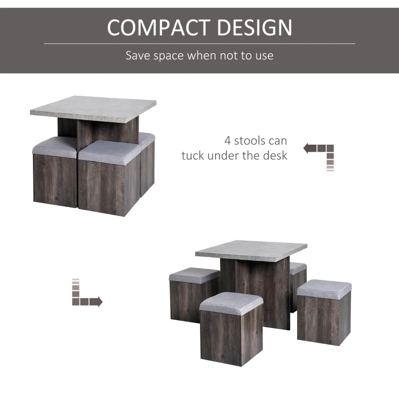 5-Piece Wooden Patio Dining Set with Storage Stools and Table - Grey